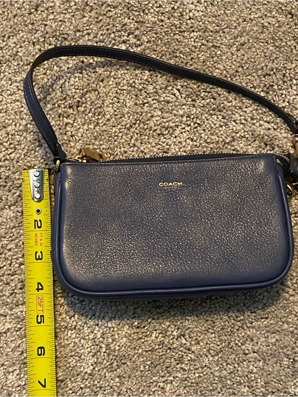Coach Navy Pebbled Leather Mini Wristlet with Gold Hardware